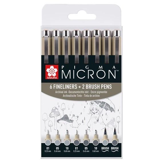 Sakura Pigma Micron Fineliner Set of 8 | Light Cool Grey & Cool Grey