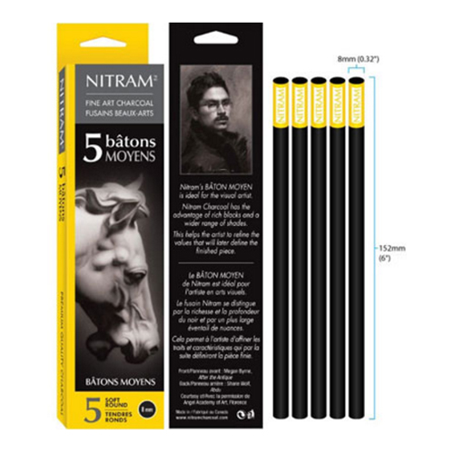 Nitram Charcoal Batons Moyens Soft Round 8mm - 5 Pack