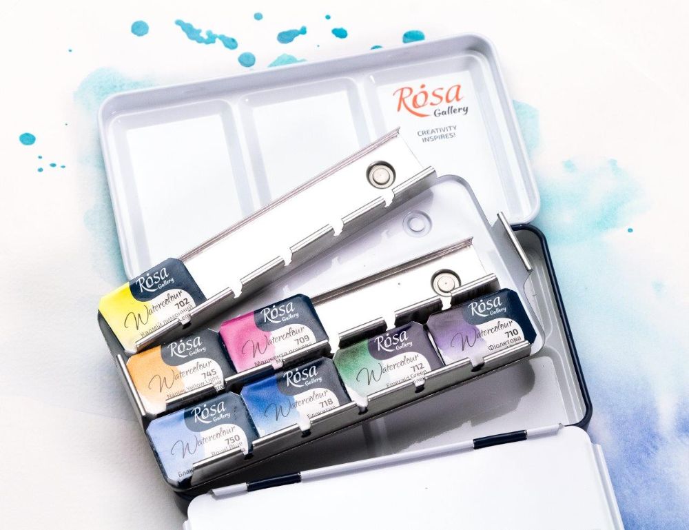 Rosa Watercolour Paints Classic 12 Asst. Colours Full Pans Turquoise Metal Case 
