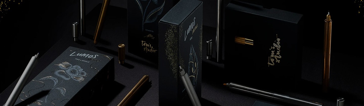 luxury-inspired display of tom's pens and the artisan packaging