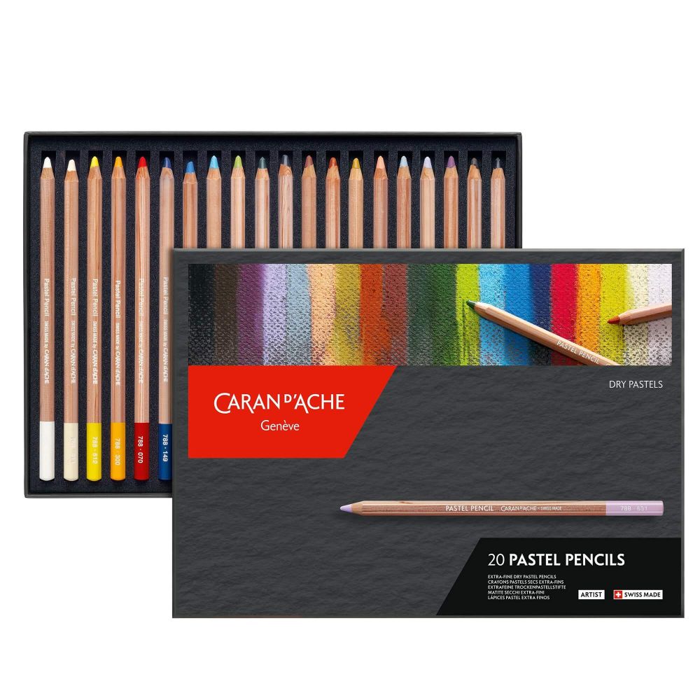 Open case of twenty coloured pastel pencils