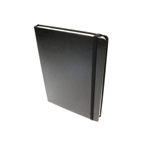 A closed travel journal showing the elastic strap