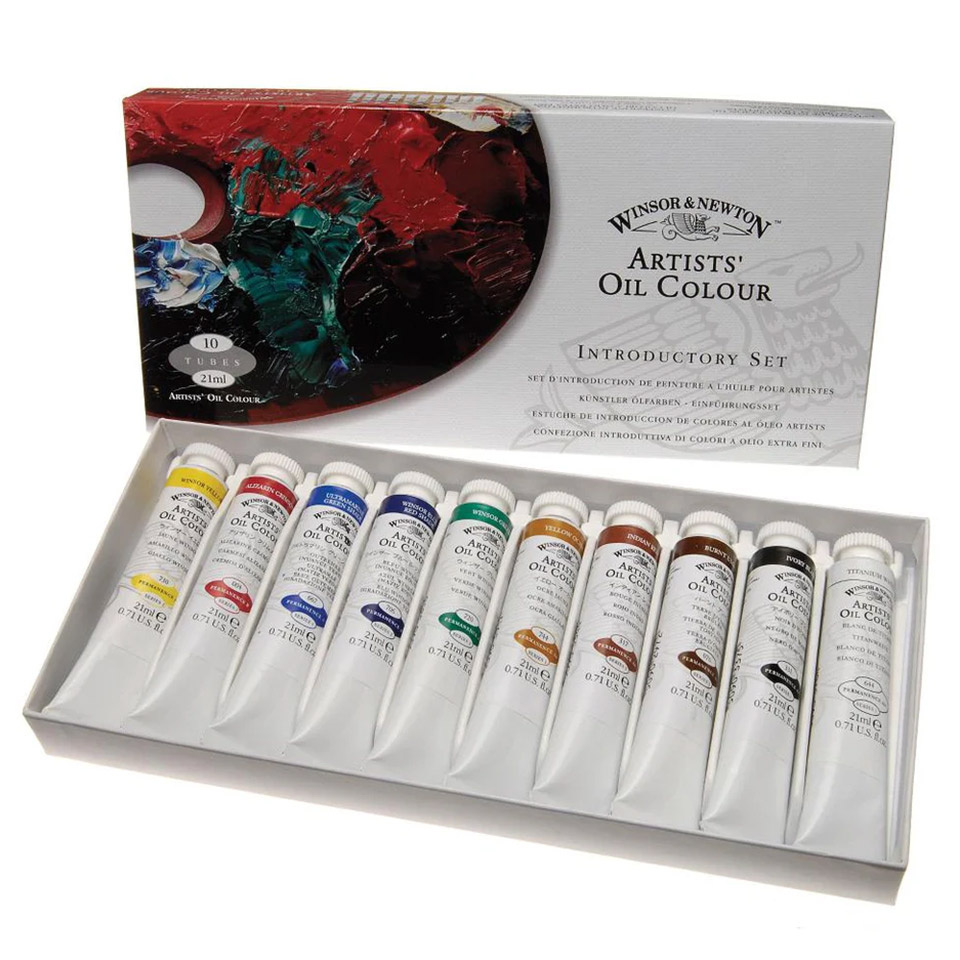 Open box showing all ten oil colour tubes
