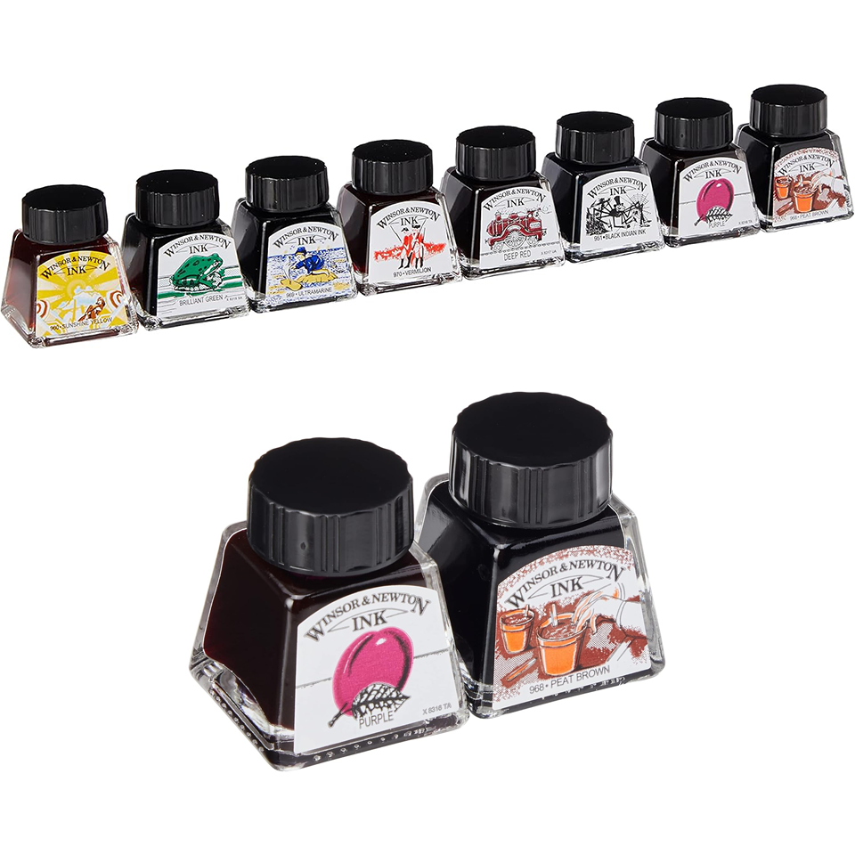 Row of all eight ink bottles with vibrant classic 