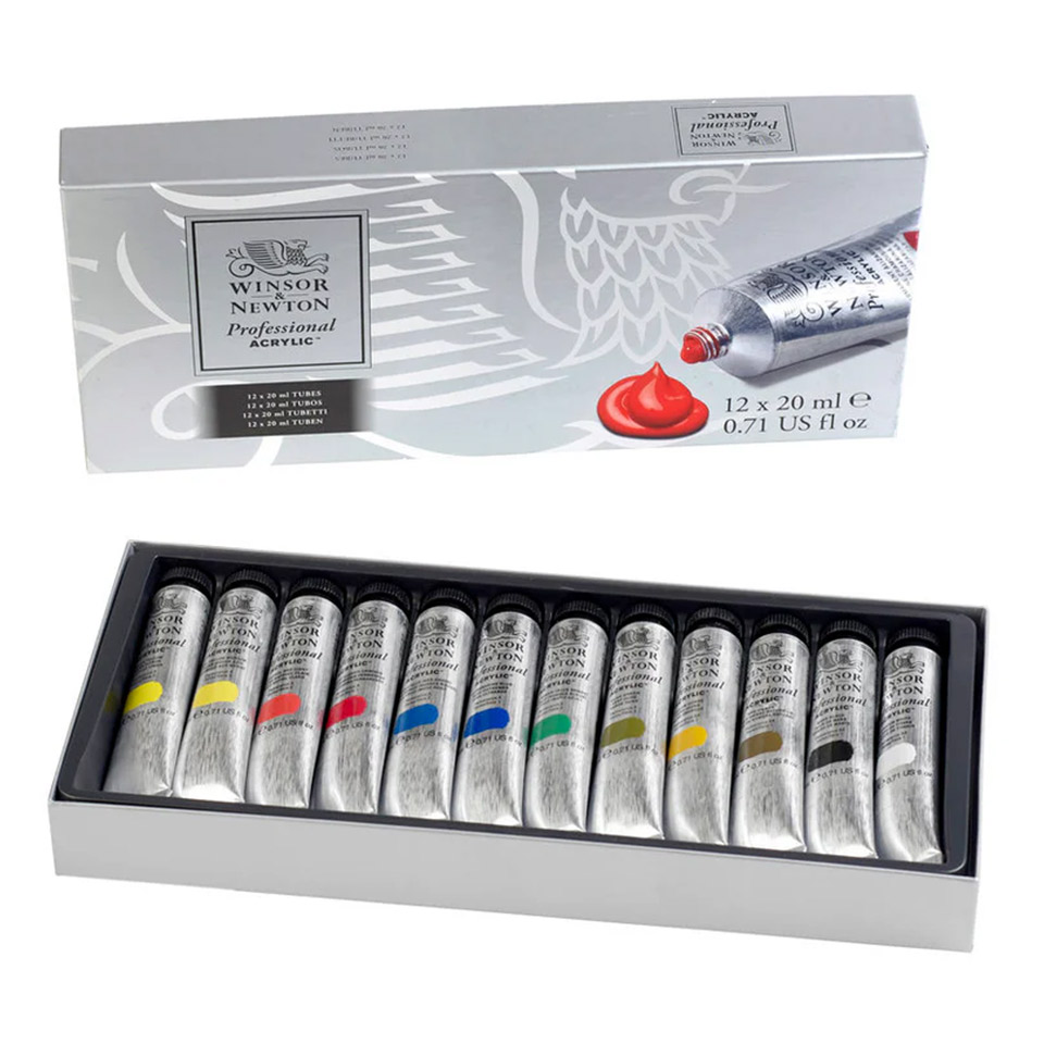 Open box showing all twelve acrylic paint tubes