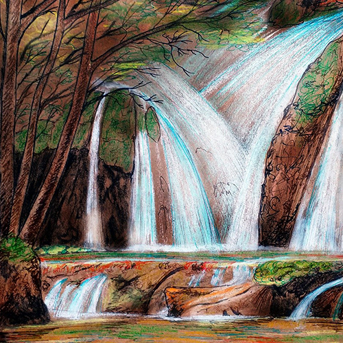 A drawing of a woodland waterfall using coloured p